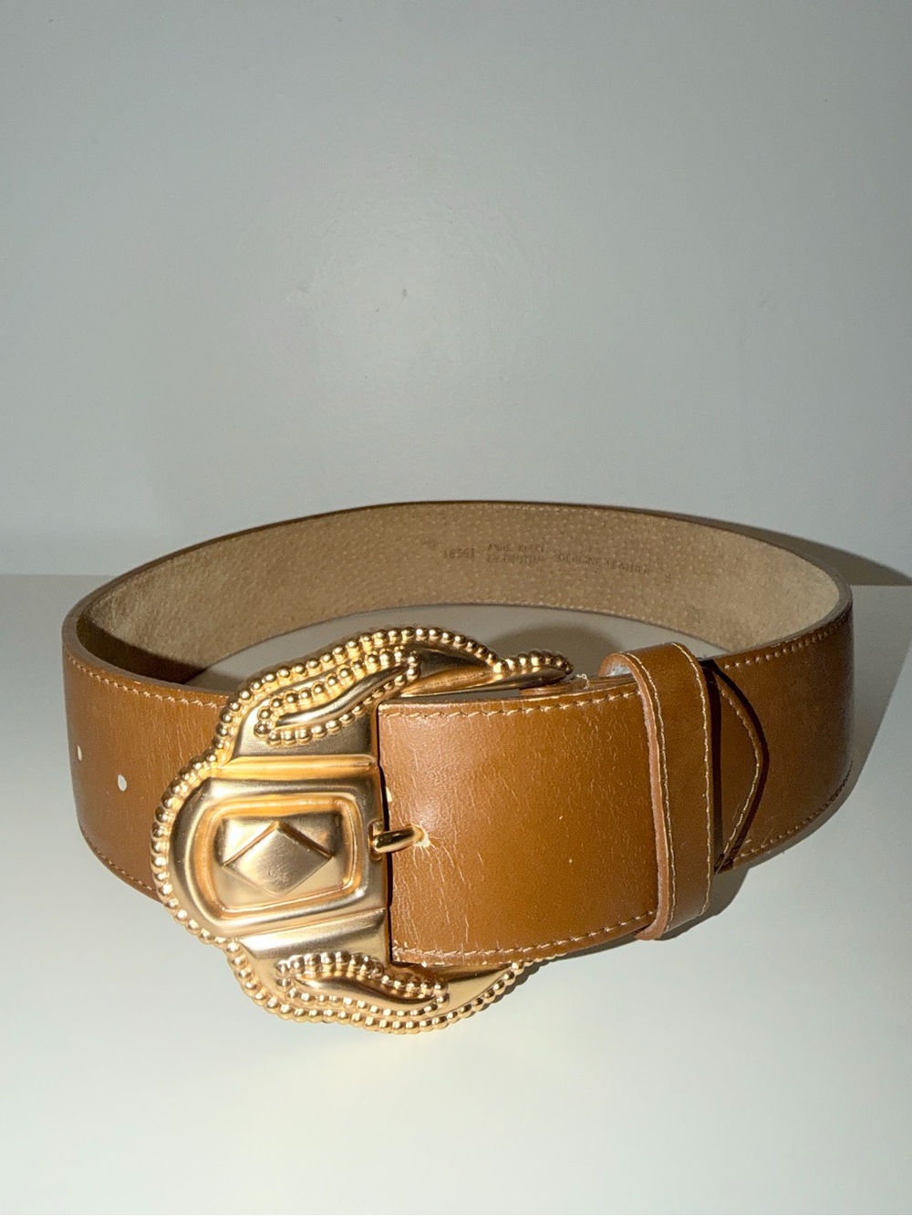 Vtg Anne Klein For Oroton Brown Leather Wide Belt With Gold-Tone Buckle, Sz Sm